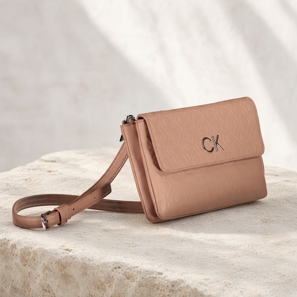 Bolso bandolera liquidationlive Calvin Klein rosa con logo metálico CK, correa ajustable y diseño elegante.
