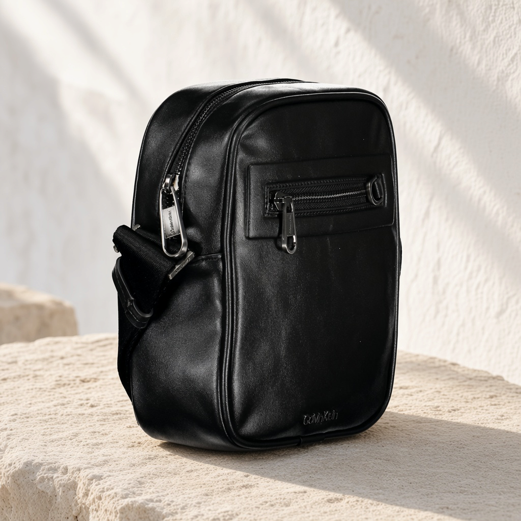 Bolso bandolera negro Calvin Klein de liquidationlive con textura fina, bolsillo frontal y correa ajustable