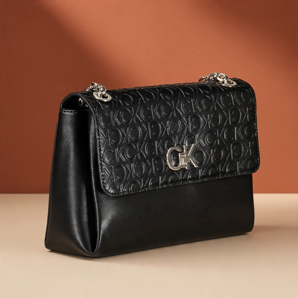 Bolso negro liquidationlive con solapa texturizada de iniciales CK, cierre giratorio y detalles de cadena plateada.