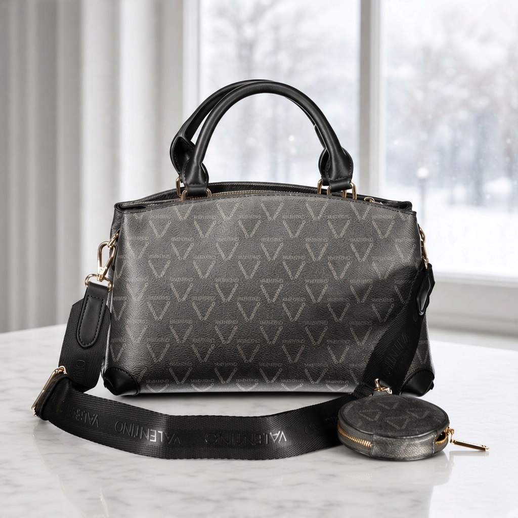 Bolso de mano negro Valentino Lady Re Pretty Bag con estampado de logotipos, asas cortas y monedero circular