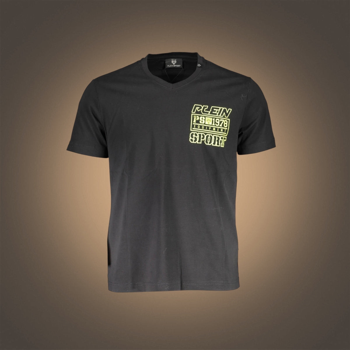 Camiseta negra liquidationlive con cuello en V y estampado gráfico amarillo de Plein Sport en el pecho