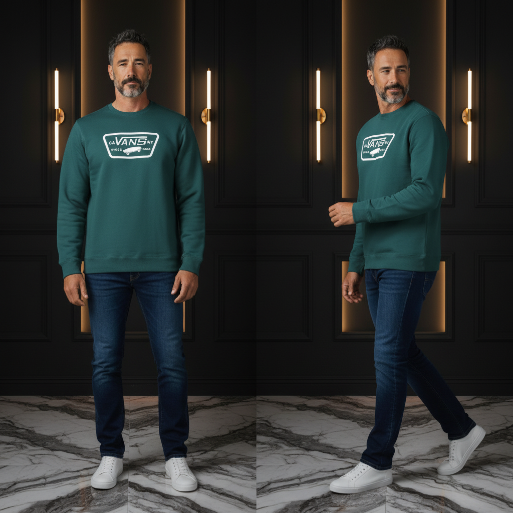 Hombre con sudadera verde Vans de cuello redondo y logo estampado, combinada con vaqueros y zapatillas blancas.