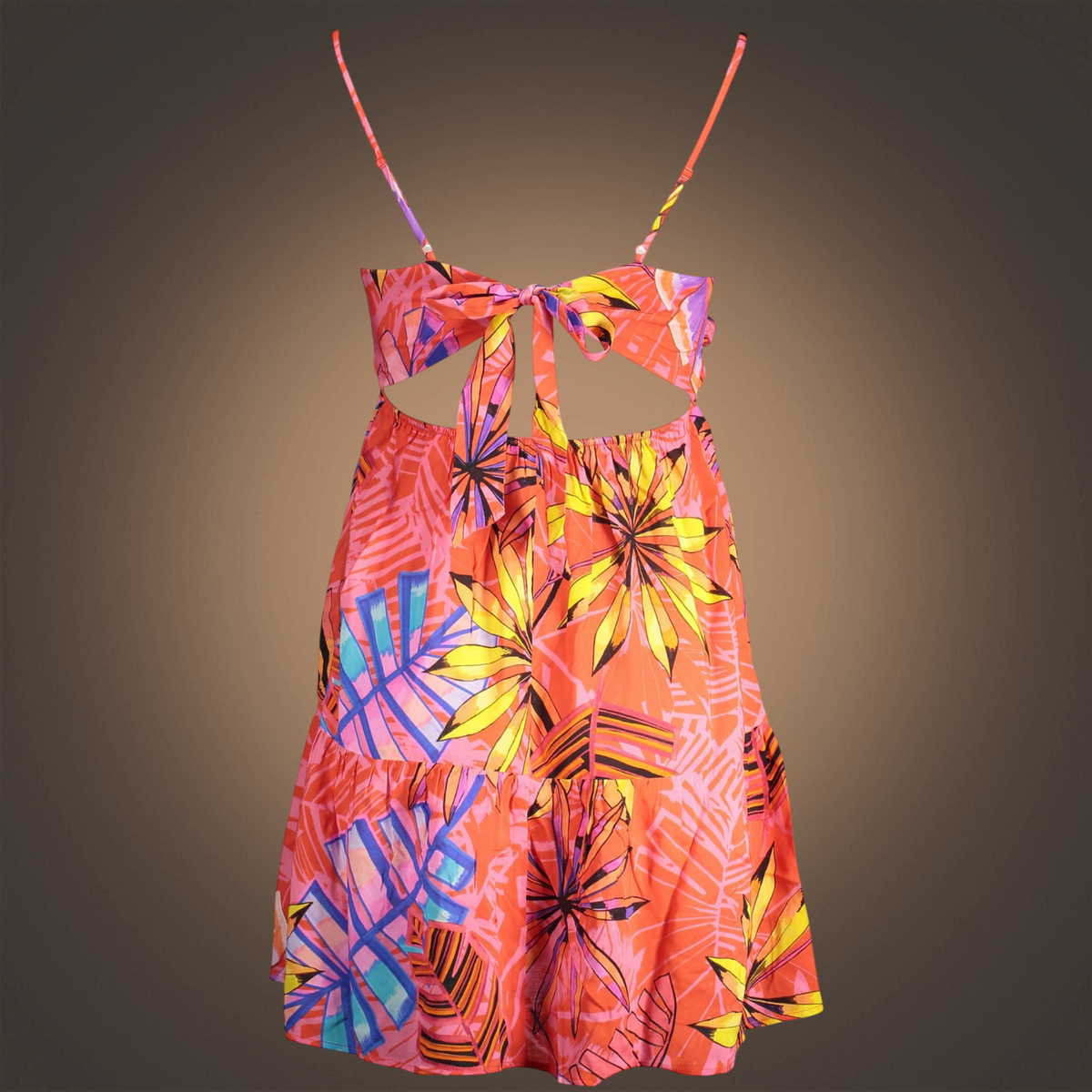 Vestido corto Desigual de liquidationlive con estampado tropical, espalda abierta y lazada en color coral