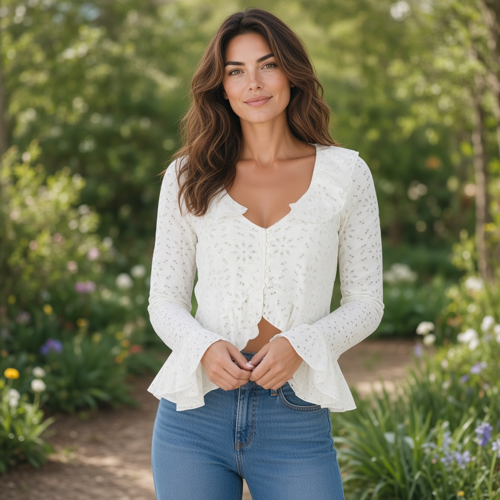 Modelo con blusa blanca Desigual de manga larga con volantes y escote en V, combinada con vaqueros en jardín