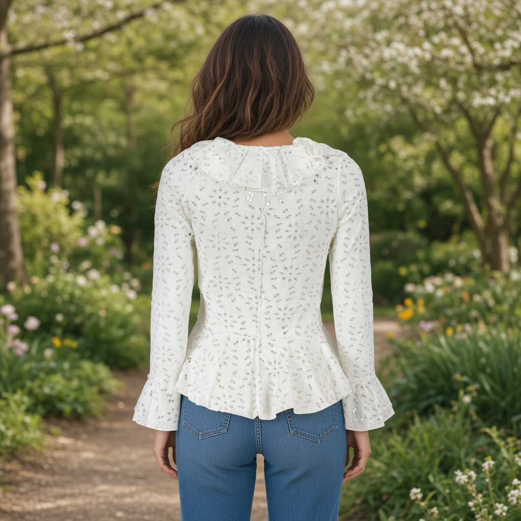Blusa blanca liquidationlive con volantes, manga larga y detalle de cintura entallada vista desde la espalda