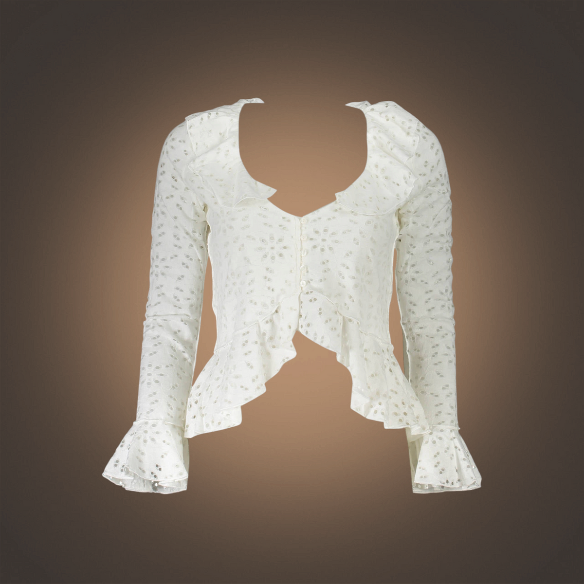 Blusa blanca Desigual de manga larga con volantes, escote en V y detalles bordados, disponible en liquidationlive