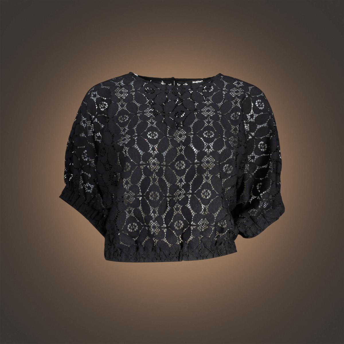 Blusa corta negra de liquidationlive con tejido calado de motivos florales y geométricos y mangas tipo murciélago