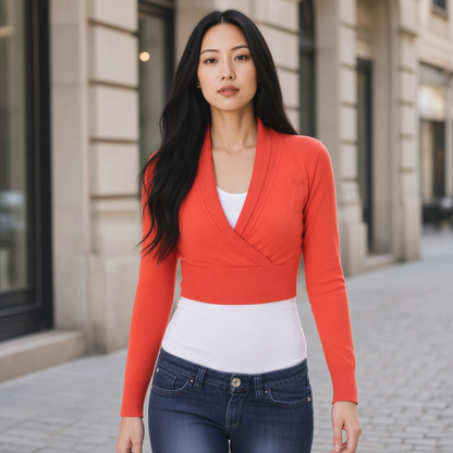 Modelo con bolero cruzado naranja de liquidationlive, diseño corto con escote en V y mangas largas sobre top blanco