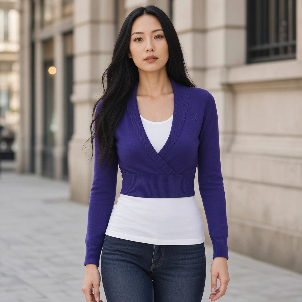 Modelo con bolero cruzado violeta Datch de manga larga y tejido acanalado sobre camiseta blanca y vaqueros