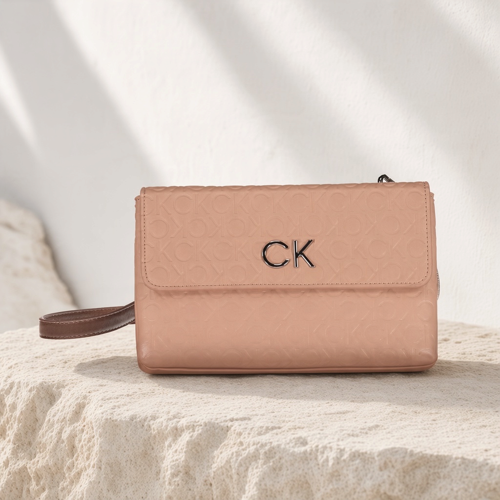 Bolso bandolera liquidationlive Calvin Klein en color rosa con logo CK metálico y textura grabada sobre piedra
