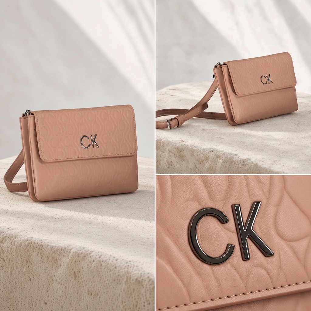 Bolso bandolera liquidationlive Calvin Klein en color rosa con logo metálico CK y textura grabada en la solapa