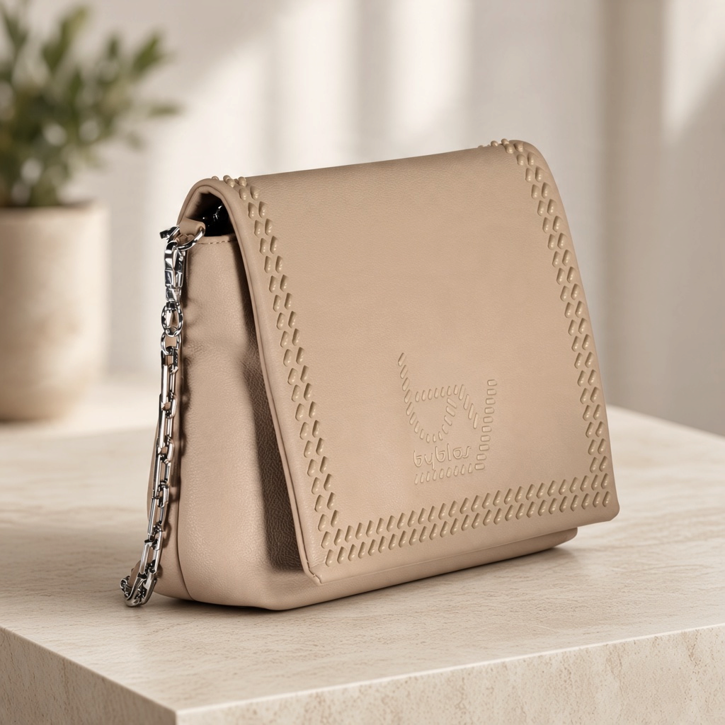 Bolso Byblos de liquidationlive en color beige con solapa de efecto trenzado, logotipo frontal y cadena plateada.