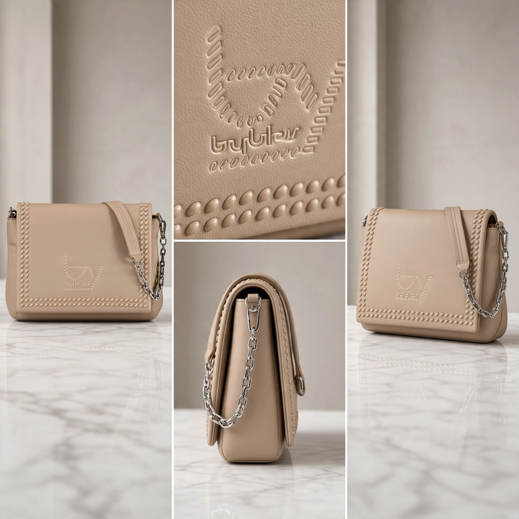 Bolso Byblos de liquidationlive en color beige con detalle trenzado en la solapa, cadena plateada y logo frontal.