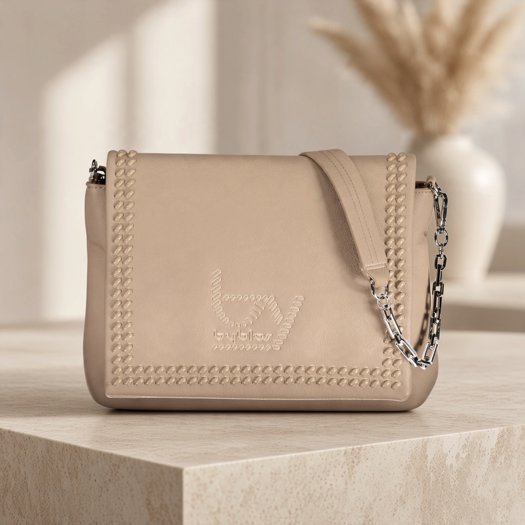 Bolso Byblos de liquidationlive en color beige con solapa trenzada, logotipo frontal y cadena plateada.