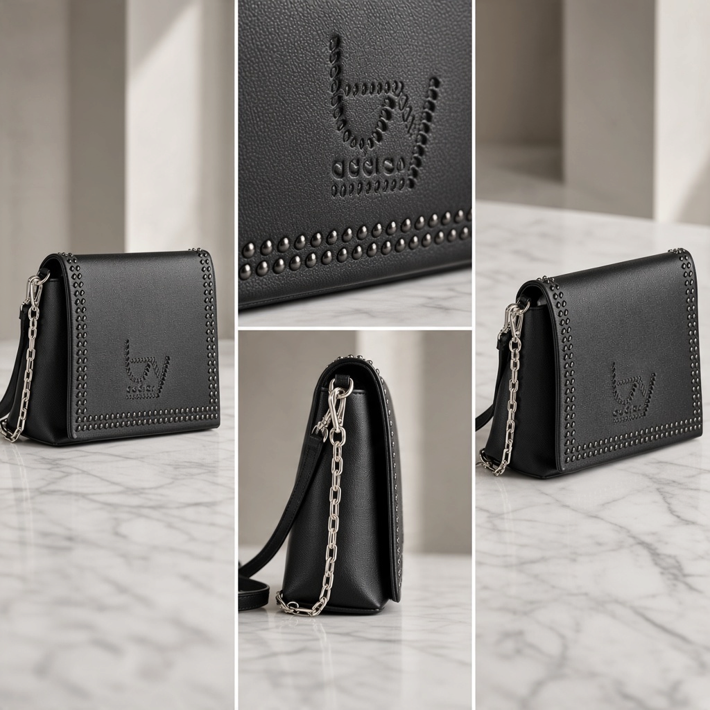 Bolso Byblos de liquidationlive en color negro con detalle trenzado en la solapa y cadena plateada sobre mármol