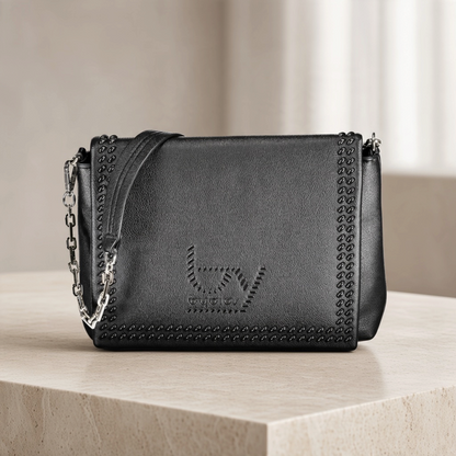 Bolso Byblos de liquidationlive en color negro con detalle trenzado en el contorno y cadena plateada