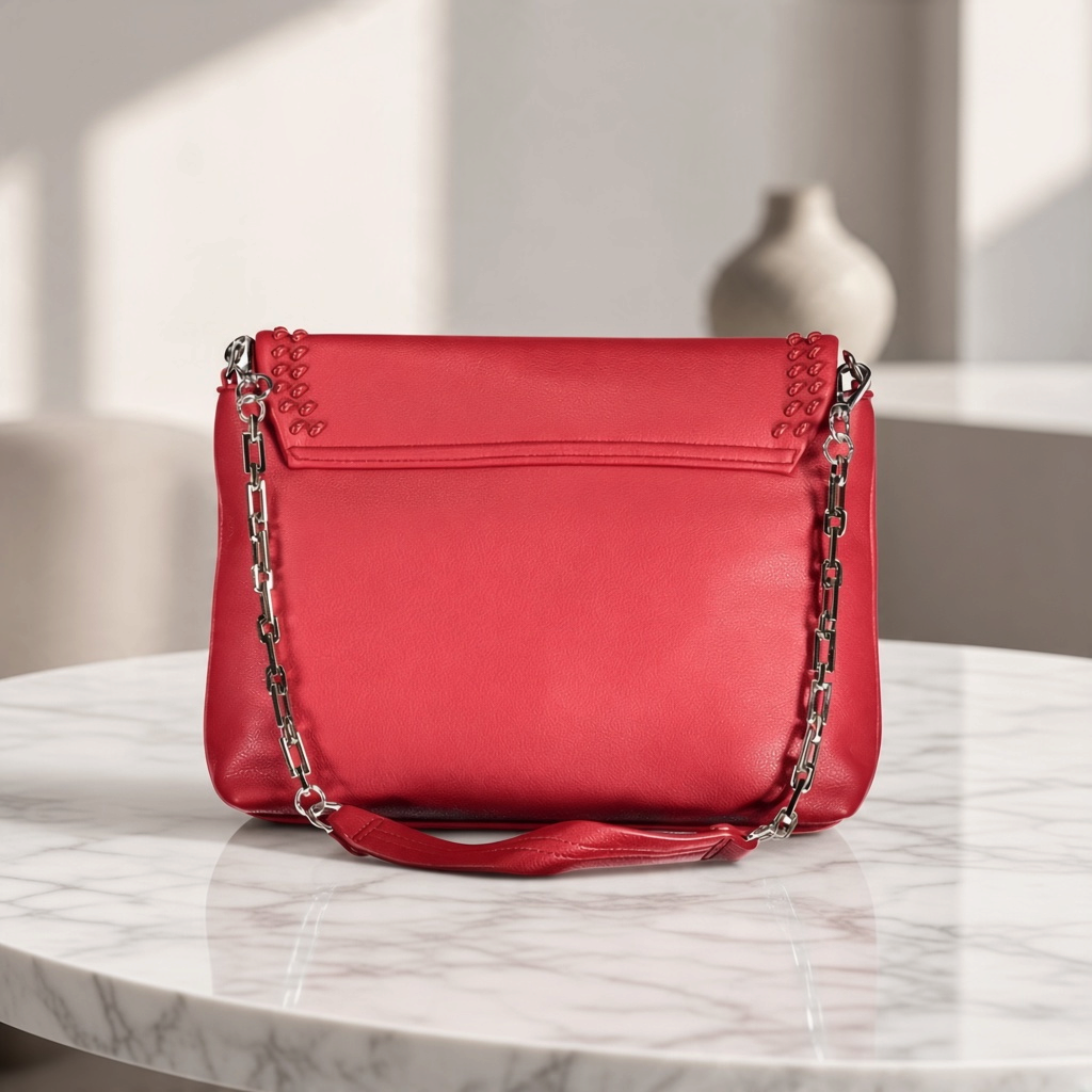 Bolso Byblos de liquidationlive en color rojo con solapa, detalle trenzado y cadena plateada sobre mesa de mármol