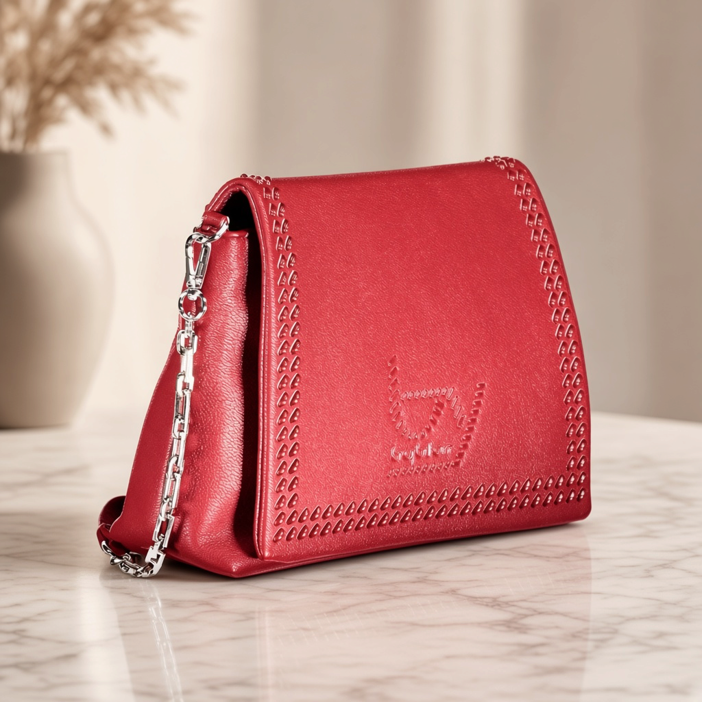 Bolso Byblos de liquidationlive en color rojo con detalle trenzado en la solapa y cadena plateada sobre mesa