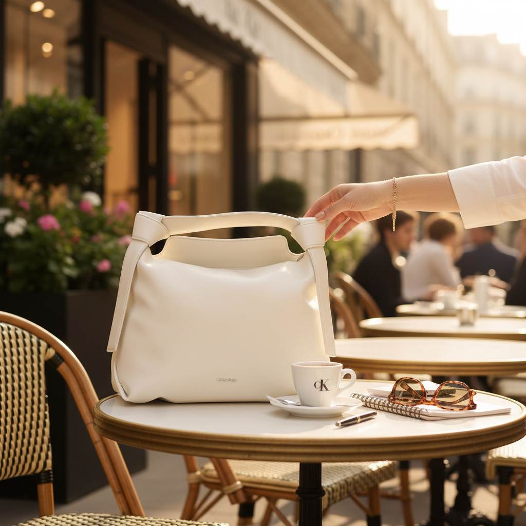 Bolso Calvin Klein beige en una mesa de terraza con una mano femenina, estilo elegante y versátil