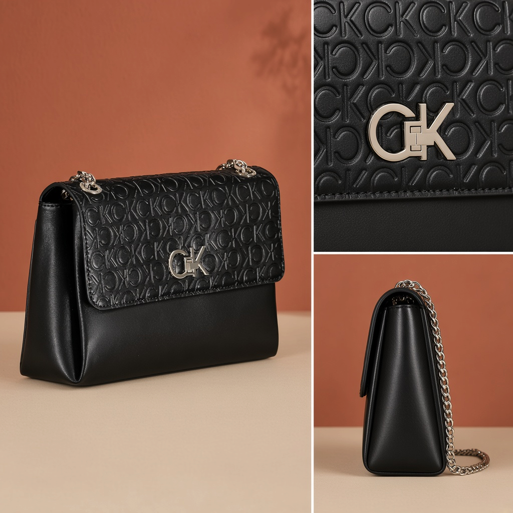 Bolso negro liquidationlive Calvin Klein con solapa texturizada de iniciales CK, logo metálico y asas de cadena