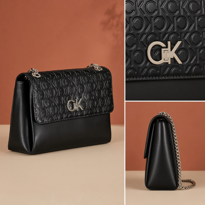 Bolso negro liquidationlive Calvin Klein con solapa texturizada de iniciales CK, logo metálico y asas de cadena