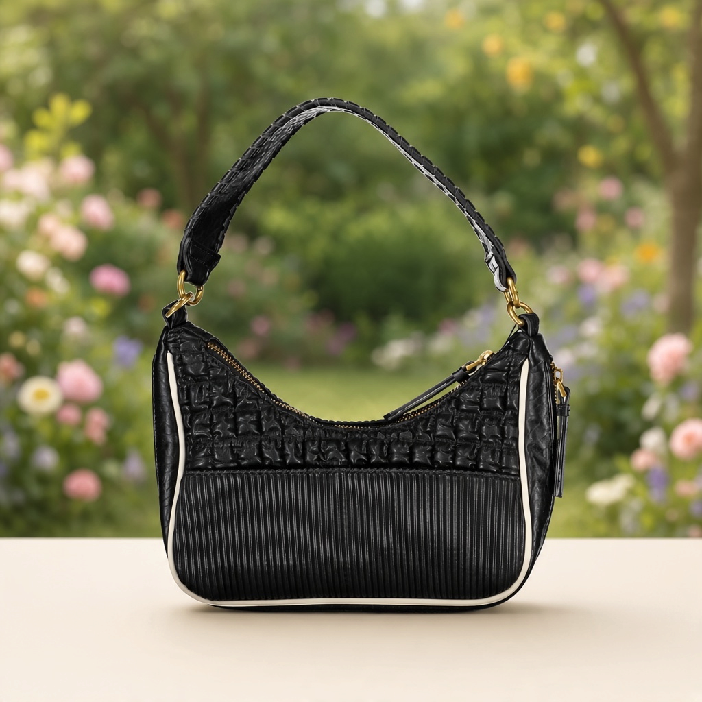 Bolso de hombro liquidationlive Desigual negro con texturas en relieve, ribete claro y cremallera diagonal dorada.