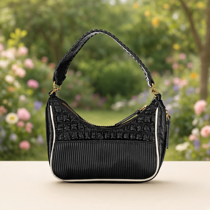 Bolso de hombro liquidationlive Desigual negro con texturas en relieve, ribete claro y cremallera diagonal dorada.