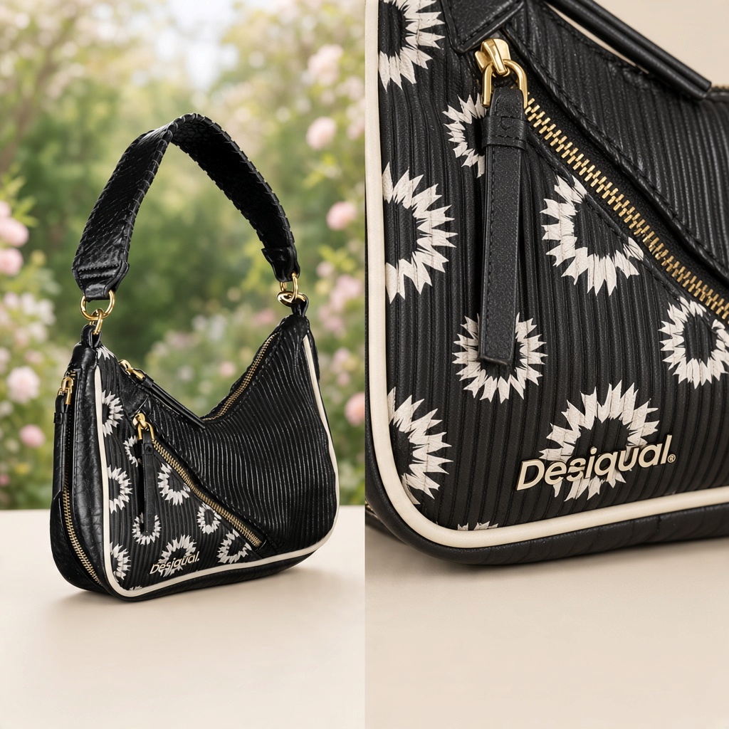 Bolso de hombro liquidationlive Desigual negro con relieve vertical, motivos radiales blancos y cremallera dorada.