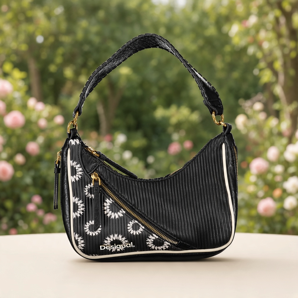 Bolso liquidationlive Desigual negro con relieve vertical, motivos radiales blancos, cremallera dorada y asa trenzada.