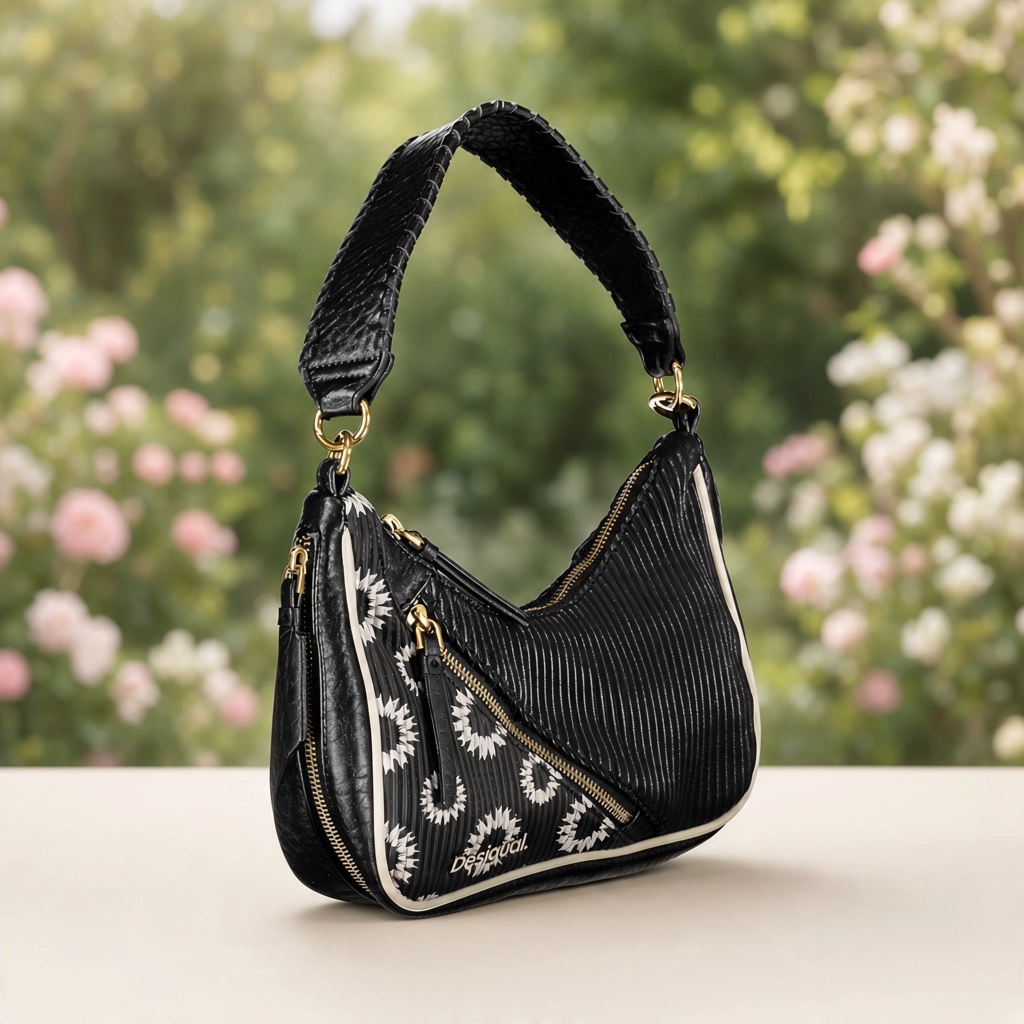 Bolso de hombro Desigual negro con textura de líneas verticales, motivos radiales blancos y cremallera diagonal dorada