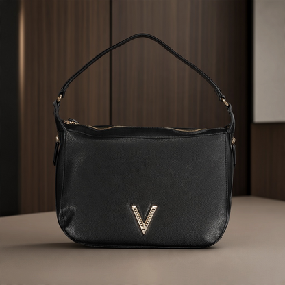 Bolso de hombro liquidationlive Valentino Oregon Re negro de piel granulada con logo V metálico dorado y cremalleras