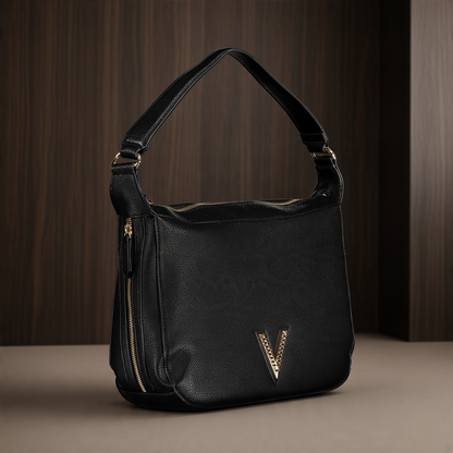 Bolso de hombro liquidationlive Valentino Oregon Re negro de textura granulada con detalle de V metálica dorada