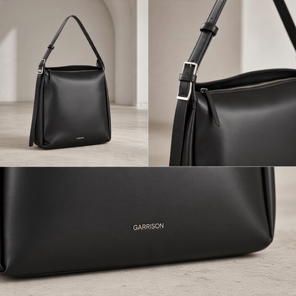 Bolso de hombro negro liquidationlive con asa ajustable, cierre de cremallera y detalle de marca en relieve