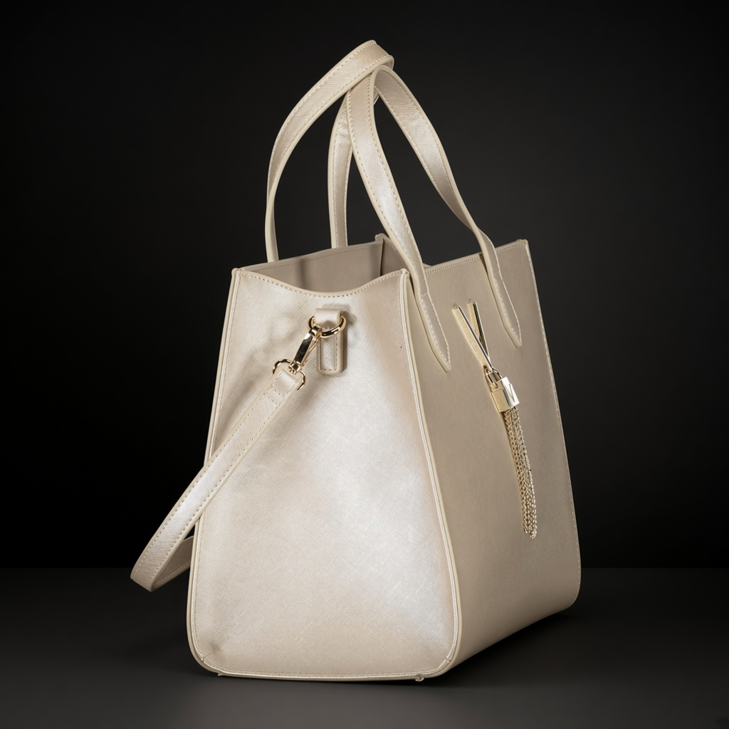 Bolso de mano liquidationlive en color crema metalizado con logo V metálico y colgante de cadenas doradas