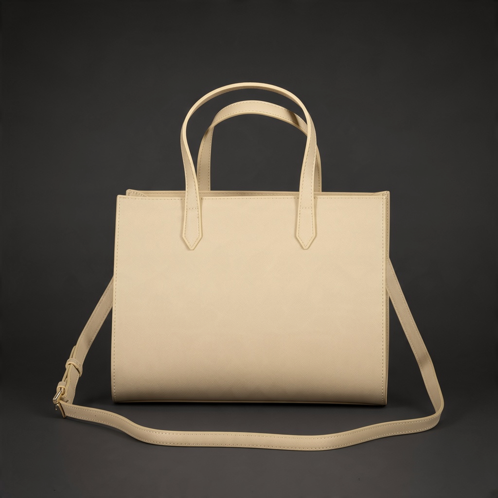 Bolso de mano liquidationlive en color beige con doble asa y correa bandolera ajustable sobre fondo oscuro