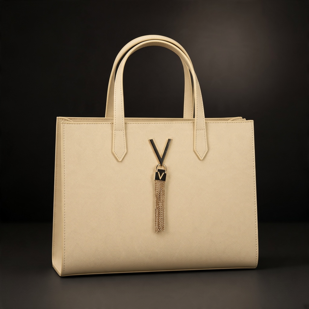 Bolso de mano liquidationlive en color beige con logo V metálico y colgante de cadenas doradas sobre fondo oscuro