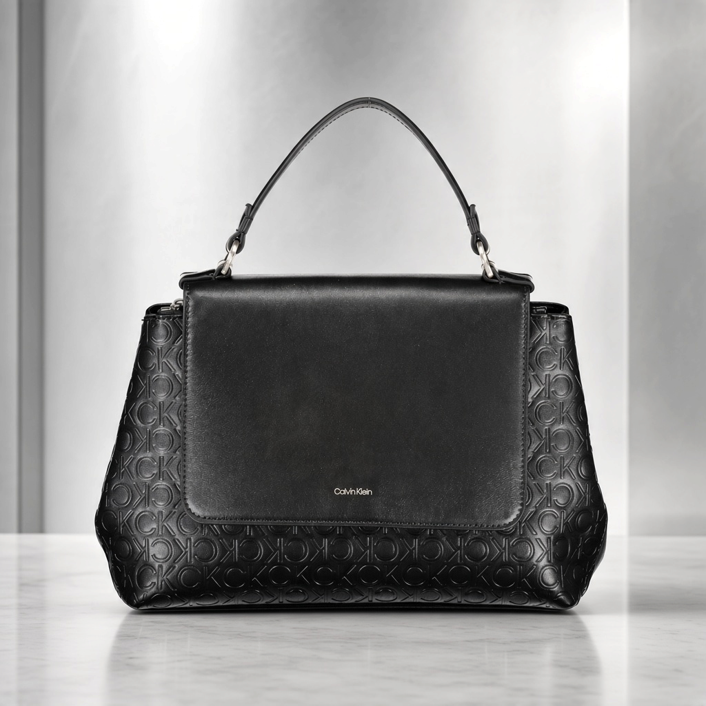 Bolso de mano negro liquidationlive Calvin Klein con solapa lisa y laterales con relieve de iniciales CK