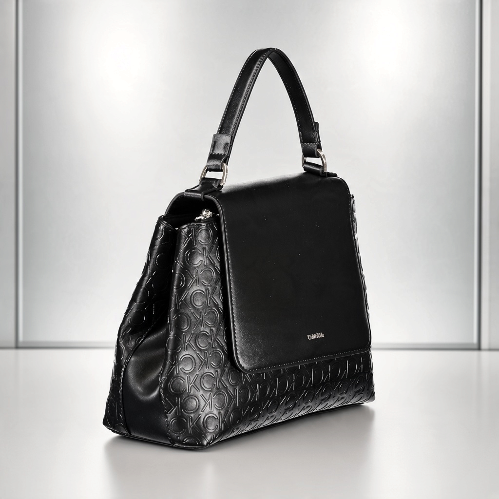 Bolso de mano negro Calvin Klein de liquidationlive con solapa lisa, relieve de iniciales CK y silueta trapezoidal.