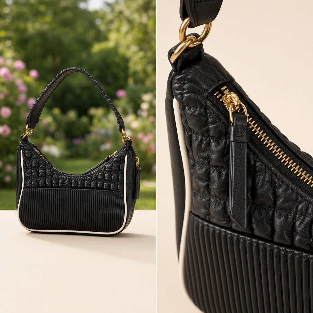 Bolso de hombro Desigual negro con textura acolchada, cremallera dorada diagonal y ribetes blancos en contraste.