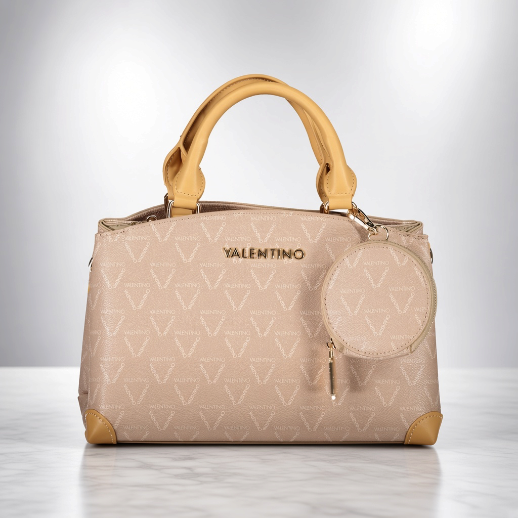 Bolso de mano beige liquidationlive Valentino Lady Re Pretty con estampado de logo, asas camel y monedero circular