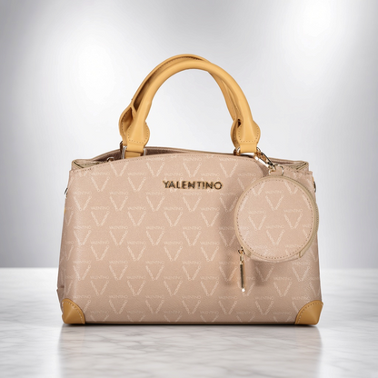 Bolso de mano beige liquidationlive Valentino Lady Re Pretty con estampado de logo, asas camel y monedero circular