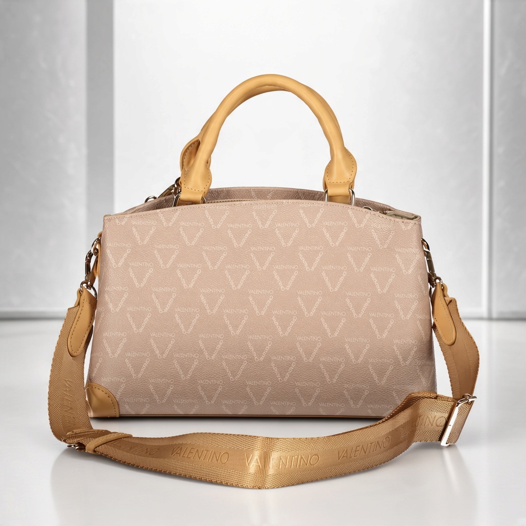 Bolso de mano liquidationlive Valentino Lady Re Pretty en beige con estampado de logo, asas camel y correa ajustable.