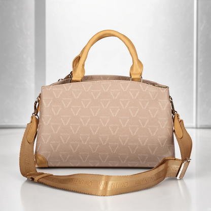 Bolso de mano liquidationlive Valentino Lady Re Pretty en beige con estampado de logo, asas camel y correa ajustable.