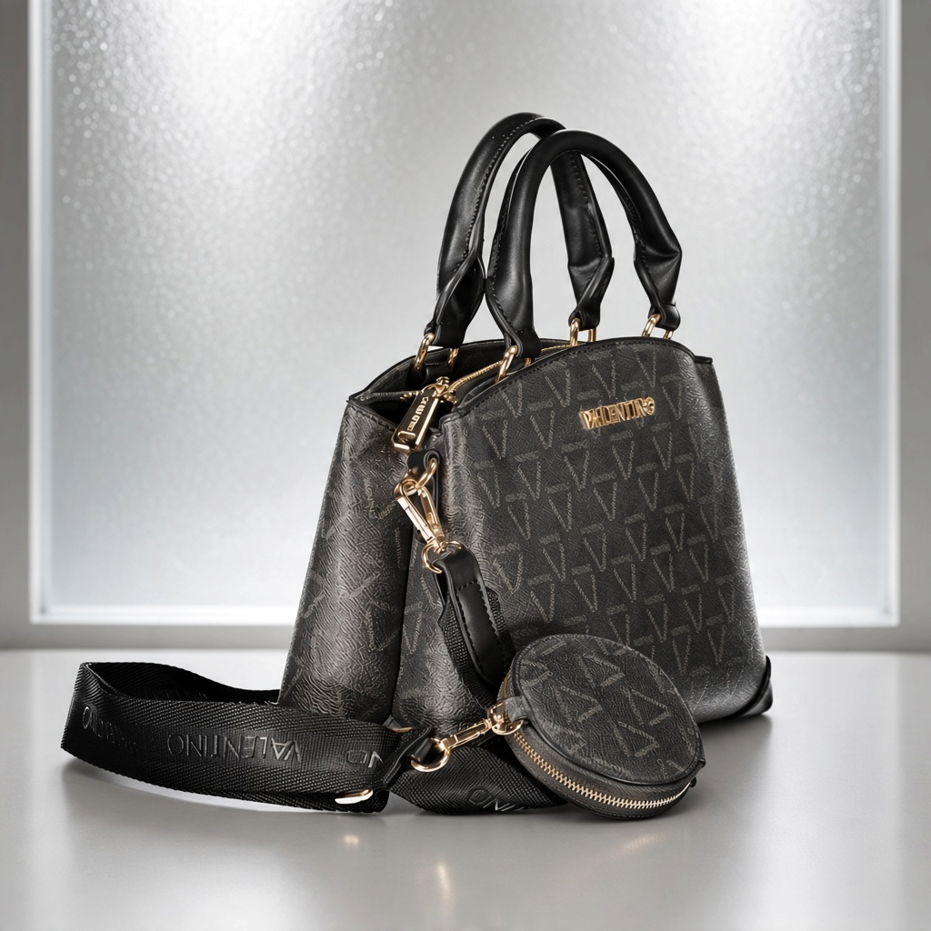 Bolso Valentino Lady Re Pretty Bag negro con monograma V, detalles dorados, asas cortas y monedero circular