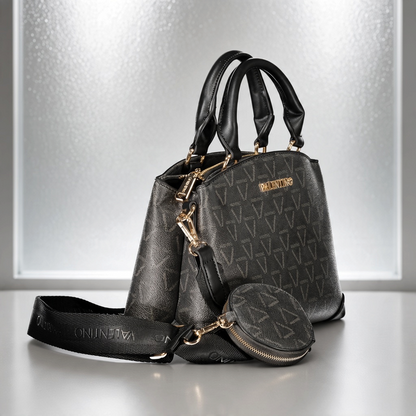 Bolso Valentino Lady Re Pretty Bag negro con monograma V, detalles dorados, asas cortas y monedero circular