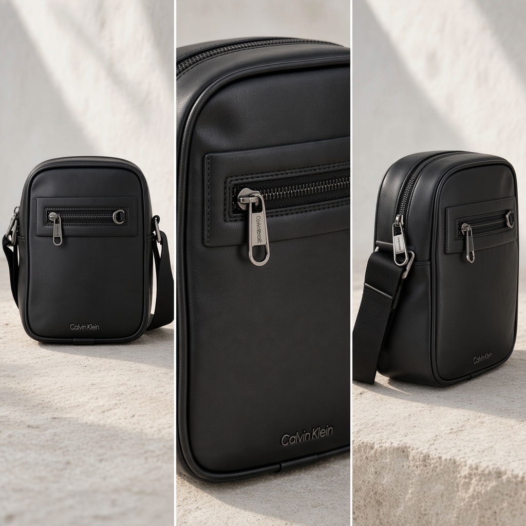 Bolso bandolera liquidationlive Calvin Klein negro de poliuretano con bolsillo frontal y correa ajustable
