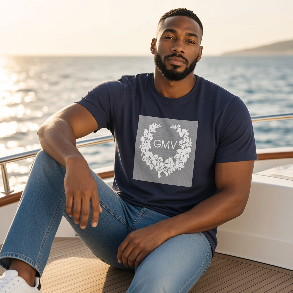 Hombre con camiseta azul noche de manga corta Gian Marco Venturi con estampado floral y logo GMV en un yate