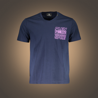 Camiseta liquidationlive Plein Sport azul marino con cuello en V y estampado gráfico rosa en el pecho