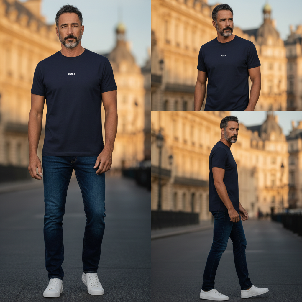 Hombre con camiseta azul marino de liquidationlive con logo BOSS, jeans oscuros y zapatillas blancas en la ciudad