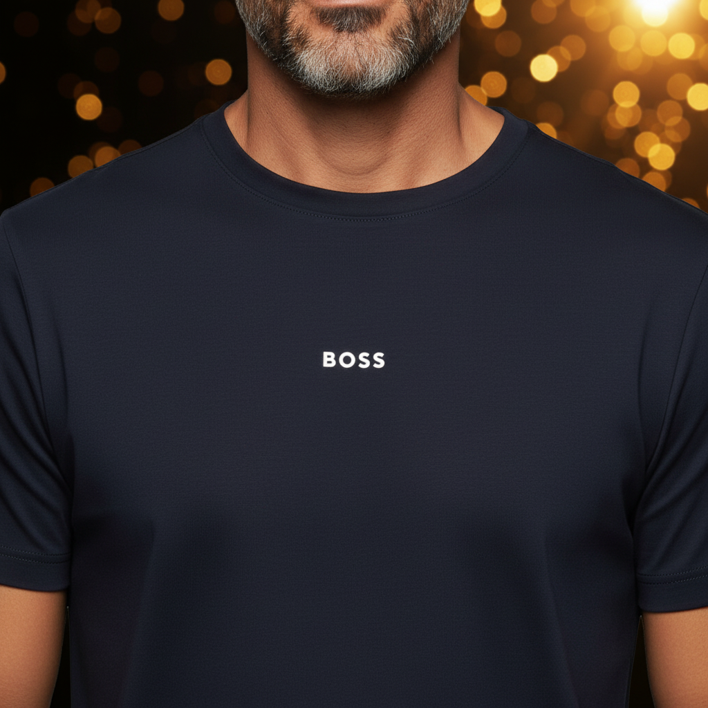 Camiseta azul marino de cuello redondo con logo BOSS en el pecho, vestida por un hombre, estilo casual y elegante